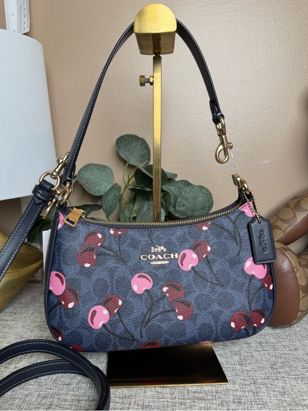 Coach Navy Cherry Print Shoulder Bag with Pink & Burgundy Accents